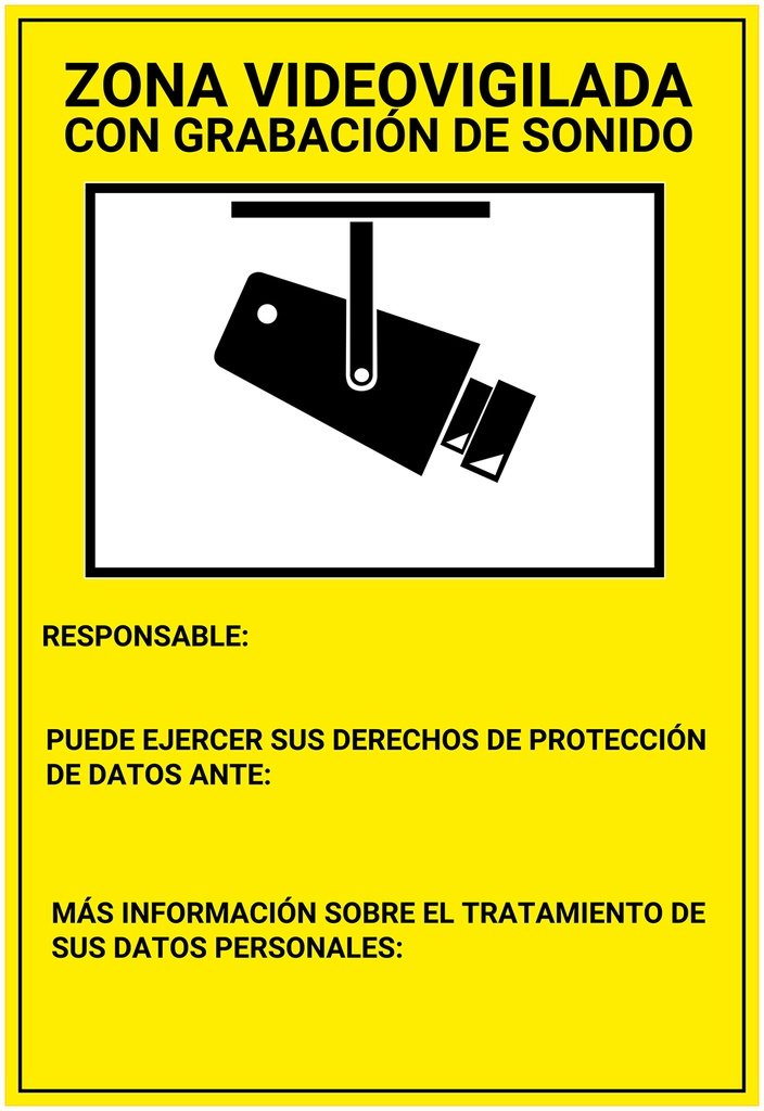 Placa / cartel de Zona Videovigilada con grabación de sonido Español PVC para interior/exterior. Homologado según normativa vigente