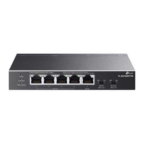 Switch esclavo alimentando desde otro dispositivo POE (no incluido) Gigabit sobremesa no gestionable 5 puertos 1 puerto PoE++ de entrada y 4 puertos PoE+ de salida