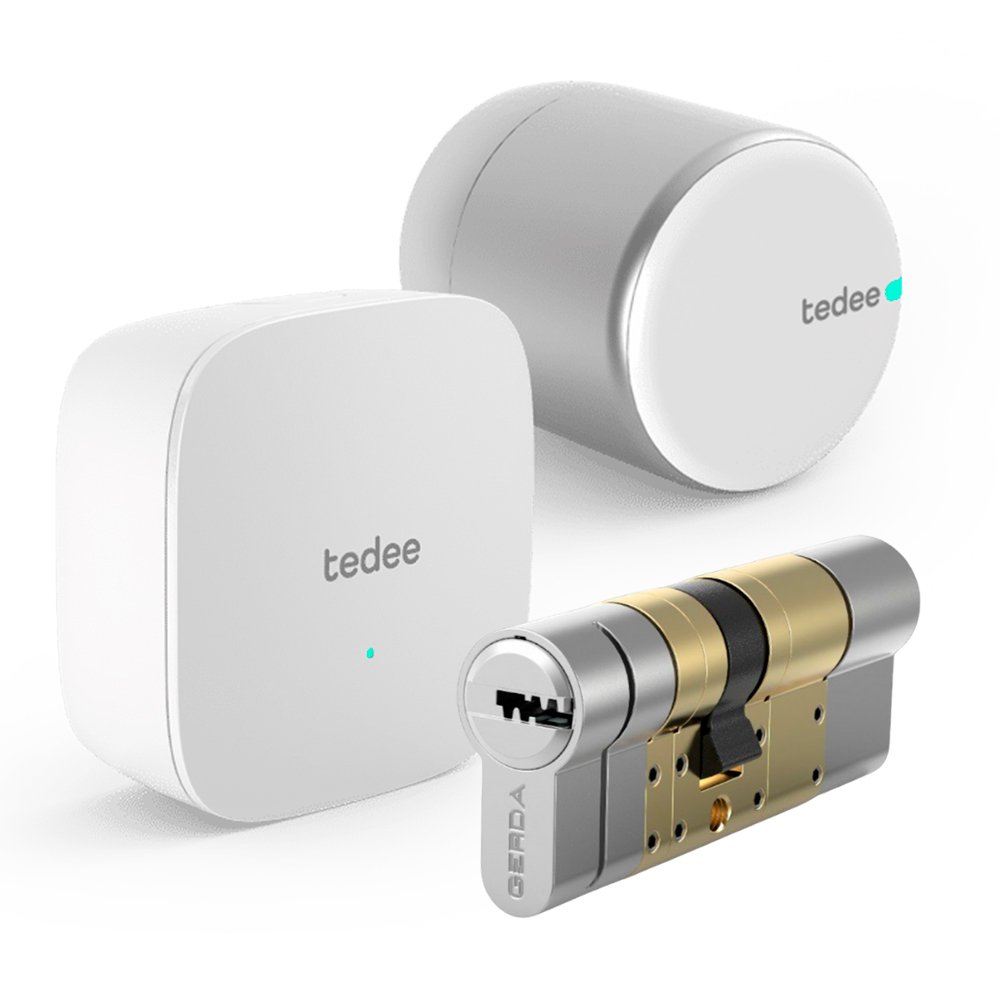 Cerradura inteligente Tedee PRO Plata + Cilindro Bombillo Gerda Doble Embrague + Brigde Wi-Fi