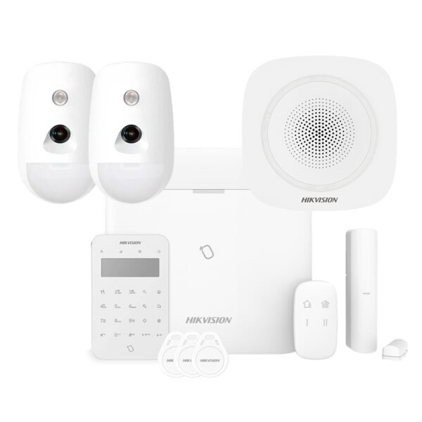 Kit AXPRO 868MHz 96 zonas Hikvision Panel + 2 PIRCAM + Mando + Teclado Lector de Tags + Contacto + Sirena