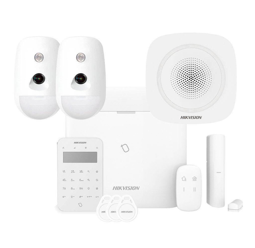 Kit AXPRO 868MHz 96 zonas Hikvision Panel + 2 PIRCAM + Mando + Teclado Lector de Tags + Contacto + Sirena