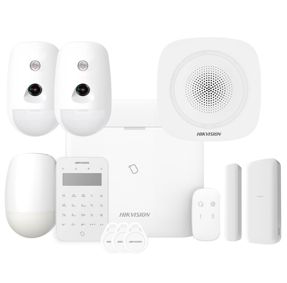 Kit AXPRO 868MHz 96 zonas Hikvision Panel + 2 PIRCAM + PIR + Mando + Teclado Lector de Tags + Contacto + Sirena