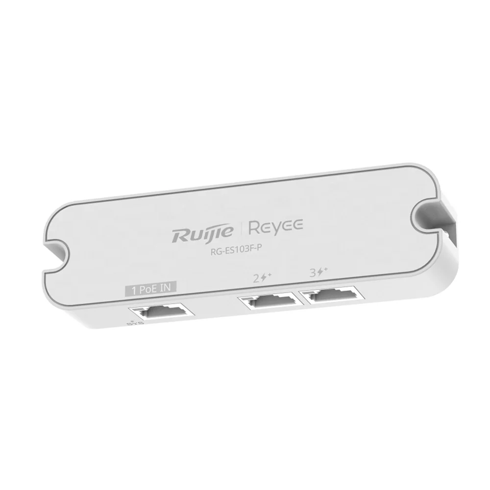 RG-ES103F-PN1.webp Reyee Switch Sobremesa - Switch ultracompacto con 3 puertos FE 10/100 - 2 puertos de salida PoE/PoE+ (802.3af/at) - Alimentación directa por entrada PoE (Sin DC) - Presupuesto de energía PoE de hasta 30W - Protección contra sobretensiones de 4 kV - Imagen 1