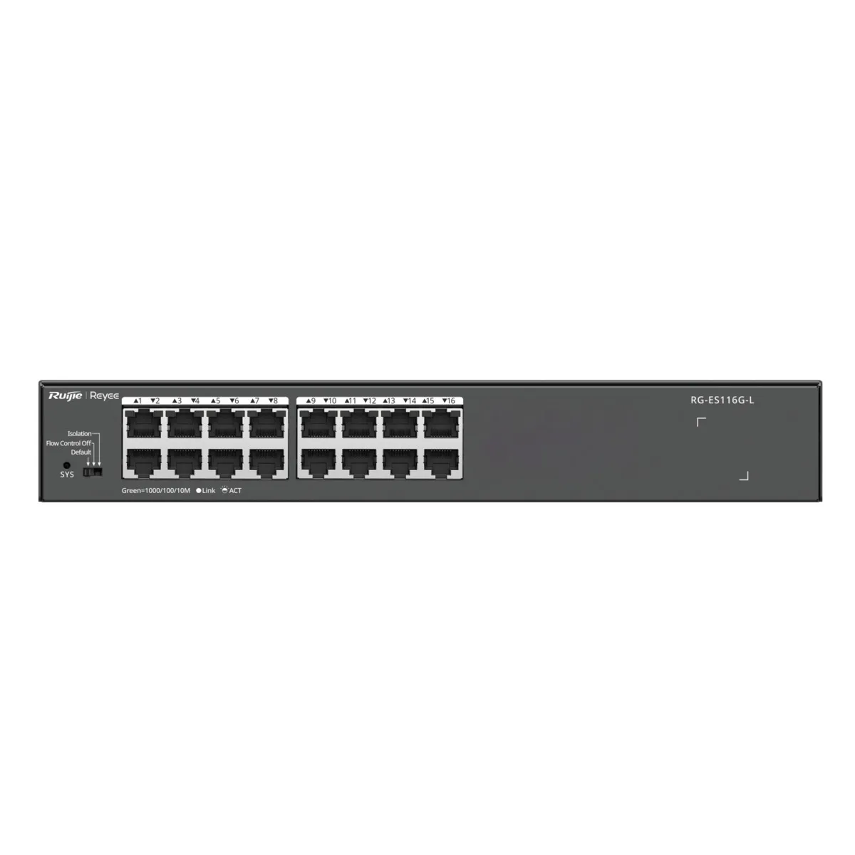RG-ES116G-LN1.webp Reyee Switch Sobremesa - Carcasa Metal - Enrackable - 16 puertos RJ45 - Velocidad 10/100/1000 Mbps - Plug and Play - Tecnología ahorro de energía - Imagen 1