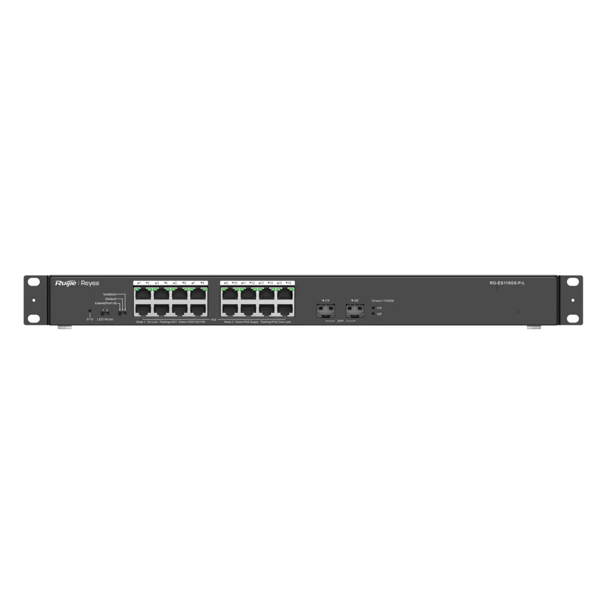 RG-ES118GS-P-LN1.webp Reyee Switch PoE Sobremesa - 16 Puertos RJ45 + 2 Uplink SFP - 16 Puertos Gigabit + 2 Puertos Gigabit - 16 Puertos PoE+ 802.3af/at | Potencia total 247W - Aislado de Puertos / Flow Control - Plug and Play - Imagen 1