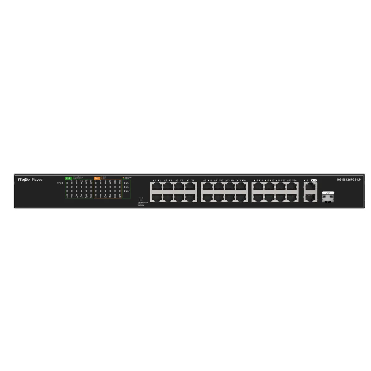 RG-ES126FGS-LPN1.webp Reyee Switch PoE Enracable - 24 Puertos RJ45 + 1 Uplink RJ45 + 1 SFP Combo - 24 Puertos 10/100Mbps + 2 Puertos 10/100/1000Mbp - 24 Puertos PoE+ 802.3af/at | Potencia total 180W - Aislado de Puertos / Flow Control - Plug and Play - Imagen 1