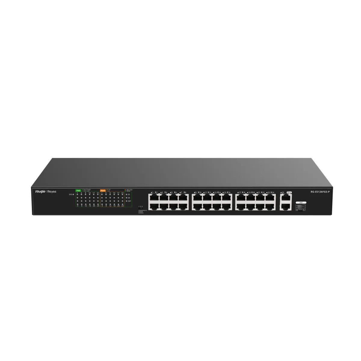 RG-ES126FGS-PN1.webp Reyee Switch PoE Sobremesa - 24 RJ45 PoE+ Puertos 10/100Mbps + combo 1RJ45 o 1 SFP Puertos 10/100/1000Mbp - Potencia total 370W - Imagen 1
