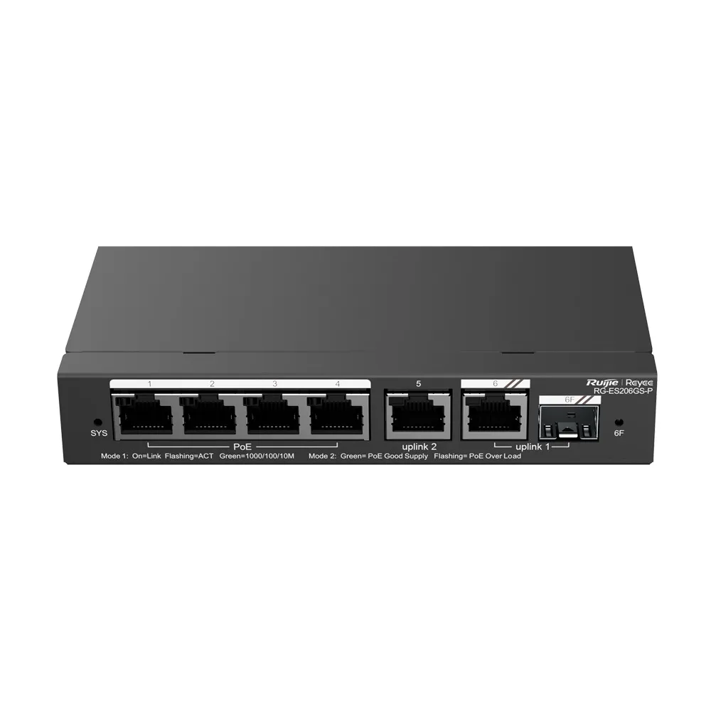 RG-ES206GS-PN1.webp Reyee Switch PoE Cloud - 4 Puertos PoE+ + 2 Puertos Rj45 + 1 SFP Combo - Máximo 54W - Imagen 1
