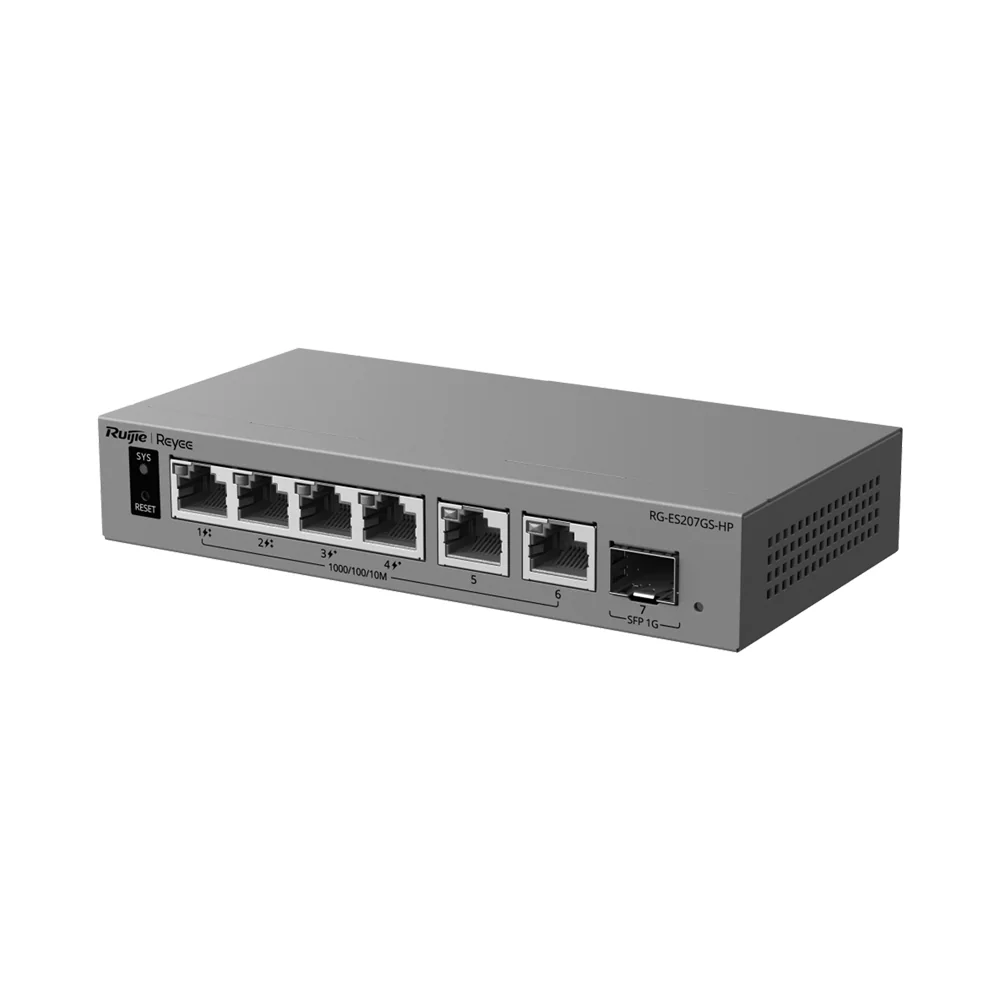 RG-ES207GS-HPN1.webp Ruijie Reyee L2 PoE Switch - 6 puertos Gigabit y 1 ranura SFP de subida - Puertos 2 con inyección PoE++ (802.3bt) - PoE de 120 W - PoE Watchdog y suministro ininterrumpido - Imagen 1