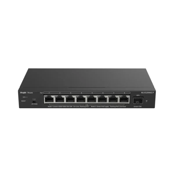 Reyee Switch PoE Cloud Capa 2 - 8 puertos PoE MultiGigabit+ 1 10Gbps SFP+ - PoE 802.3af/at hasta 30w / Máximo 130W - Static LAG/DHCP Snoop/Port Mirror - VLAN/Port Isolation/PoE Watchdog - Enrackable