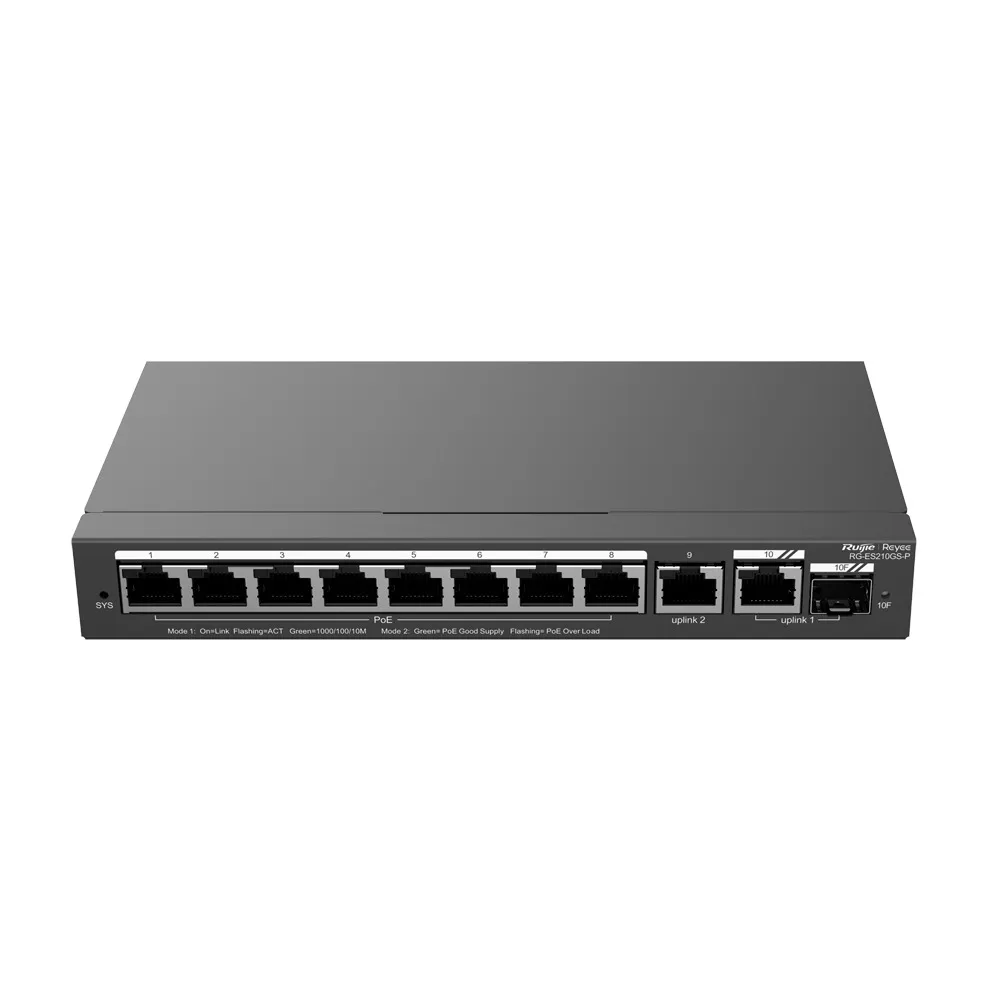 RG-ES210GS-PN1.webp Reyee Switch PoE Cloud Gestionable - 8 puertos PoE+ + 2 Uplink RJ45 + 1 SFP Combo - Máximo 120W - Imagen 1