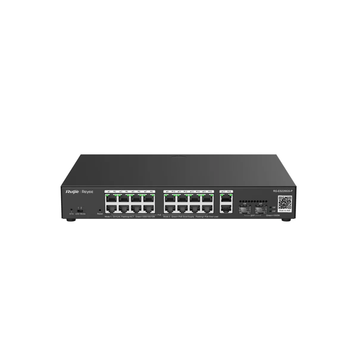RG-ES220GS-PN1.webp Reyee Switch PoE Cloud Gestionable - 16 PoE 802.3af/at + 2 SFP + 2 uplink RJ45 - Máximo 250W - Imagen 1
