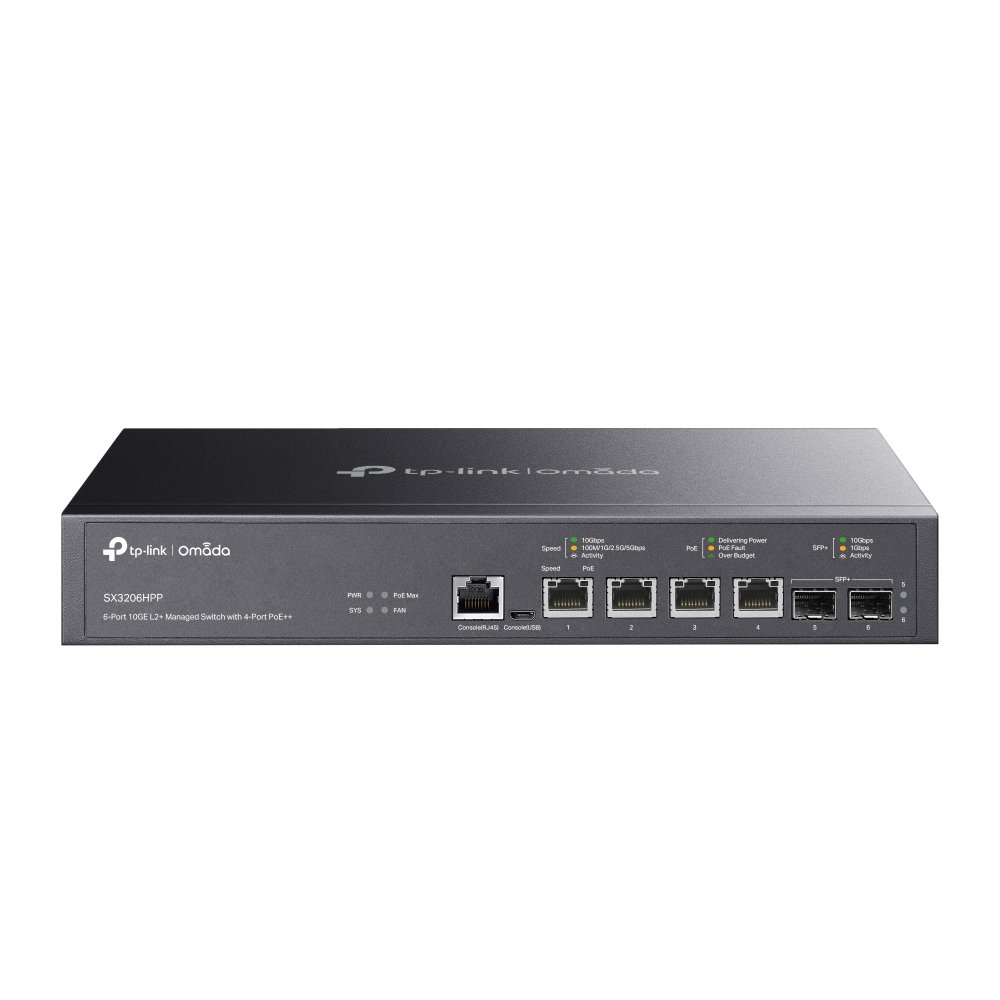 SX3206HPP_UN_1.0_01_large_20240204112019z.jpg Switch Gestionable Omada L2+ 6 puertos 10G, 4 puertos PoE++ 2 puertos SFP+ - Imagen 1